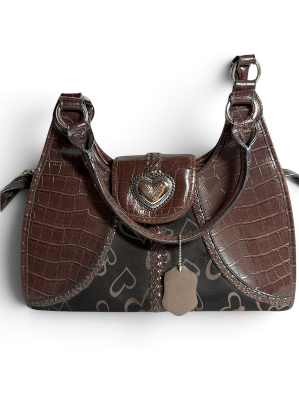 Brown Croc-Embossed Heart Accent Shoulder Bag